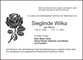 Anzeige von Sieglinde Wilka von Nordbayerischer Kurier