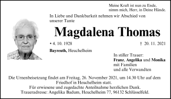 Anzeige von Magdalena Thomas von Nordbayerischer Kurier