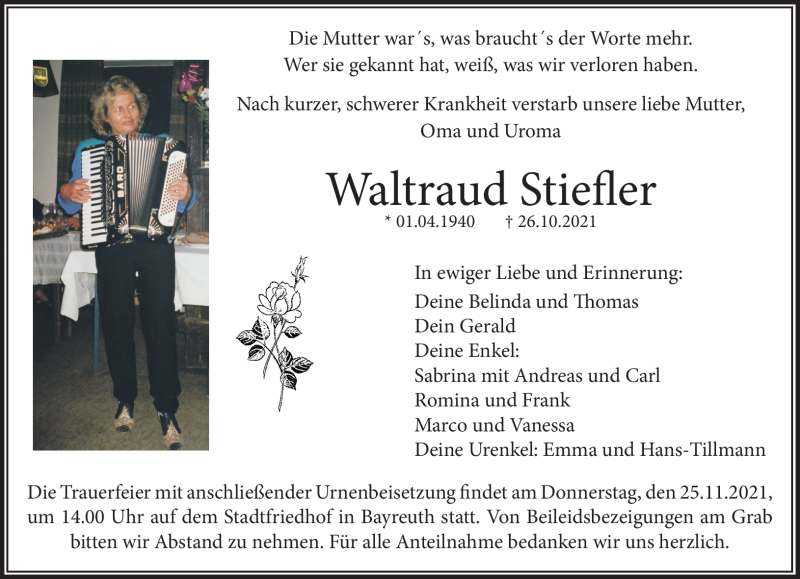  Traueranzeige für Waltraud Stiefler vom 20.11.2021 aus Nordbayerischer Kurier