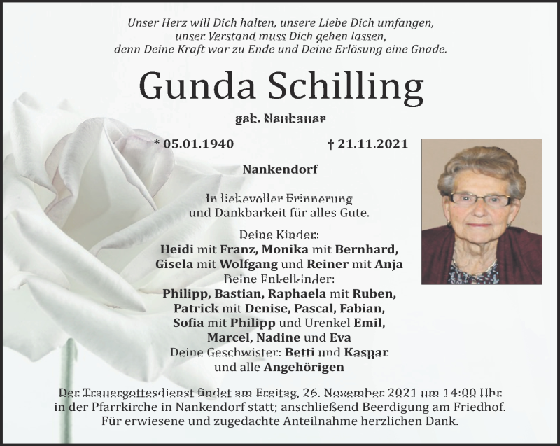  Traueranzeige für Gunda Schilling vom 24.11.2021 aus Nordbayerischer Kurier