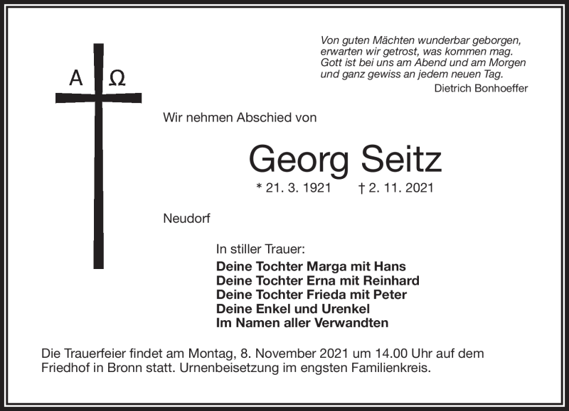  Traueranzeige für Georg Seitz vom 05.11.2021 aus Nordbayerischer Kurier