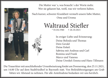 Anzeige von Waltraud Stiefler von Nordbayerischer Kurier