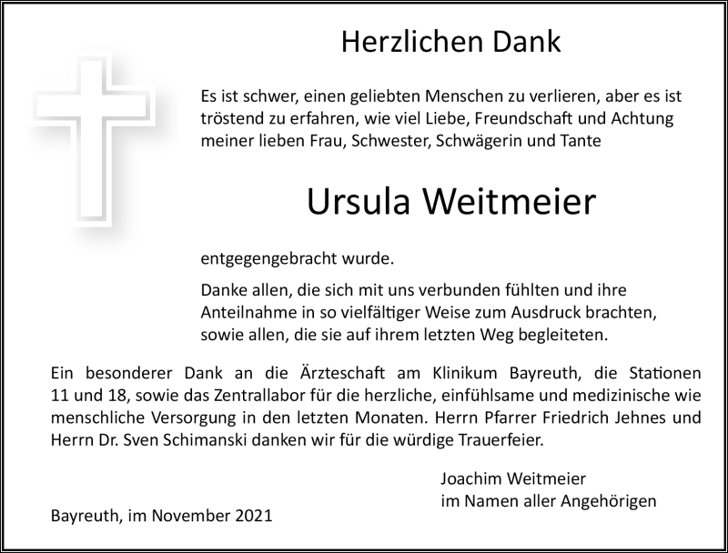 Traueranzeige für Ursula Weitmeier vom 20.11.2021 aus Nordbayerischer Kurier