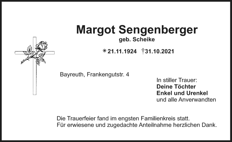 Traueranzeige für Margot Sengenberger vom 27.11.2021 aus Nordbayerischer Kurier