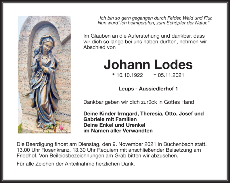  Traueranzeige für Johann Lodes vom 06.11.2021 aus Nordbayerischer Kurier