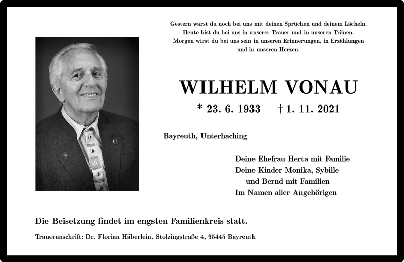  Traueranzeige für Wilhelm Vonau vom 13.11.2021 aus Nordbayerischer Kurier