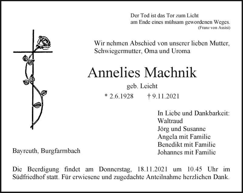  Traueranzeige für Annelies Machnik vom 13.11.2021 aus Nordbayerischer Kurier