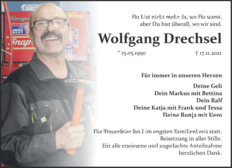  Traueranzeige für Wolfgang Drechsel vom 27.11.2021 aus Nordbayerischer Kurier