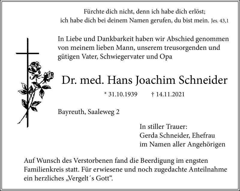  Traueranzeige für Hans Joachim Schneider vom 27.11.2021 aus Nordbayerischer Kurier