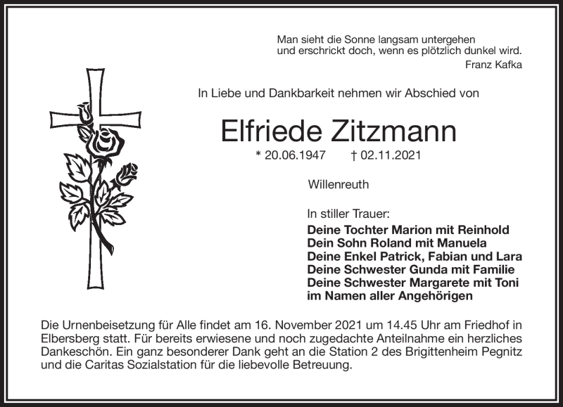  Traueranzeige für Elfriede Zitzmann vom 10.11.2021 aus Nordbayerischer Kurier