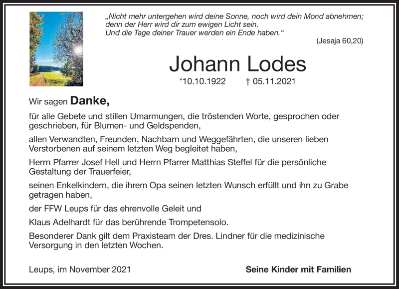  Traueranzeige für Johann Lodes vom 20.11.2021 aus Nordbayerischer Kurier