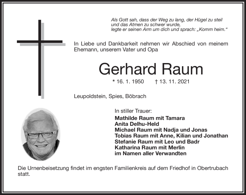  Traueranzeige für Gerhard Raum vom 20.11.2021 aus Nordbayerischer Kurier