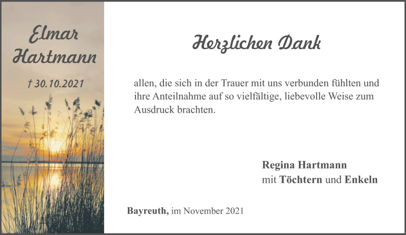  Traueranzeige für Elmar Hartmann vom 20.11.2021 aus Nordbayerischer Kurier