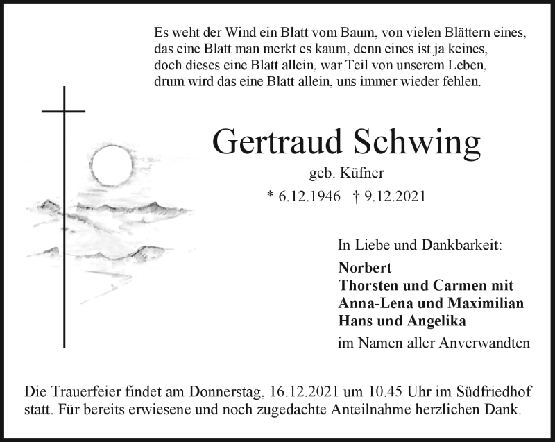  Traueranzeige für Gertraud Schwing vom 14.12.2021 aus Nordbayerischer Kurier
