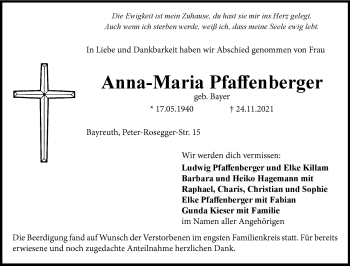 Anzeige von Anna Maria Pfaffenberger von Nordbayerischer Kurier