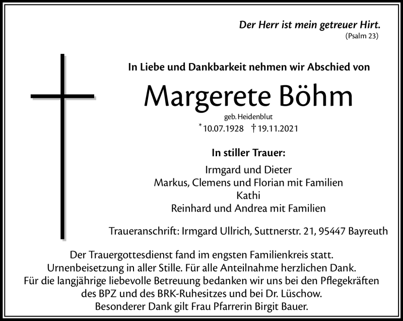  Traueranzeige für Margarete Böhm vom 03.12.2021 aus Nordbayerischer Kurier