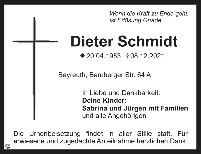  Traueranzeige für Dieter Schmidt vom 11.12.2021 aus Nordbayerischer Kurier