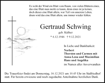 Anzeige von Gertraud Schwing von Nordbayerischer Kurier