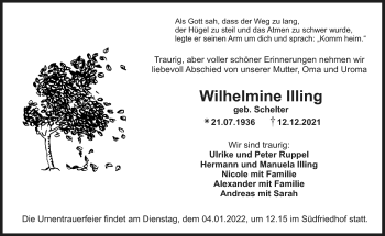 Anzeige von Wilhelmine Illing von Nordbayerischer Kurier