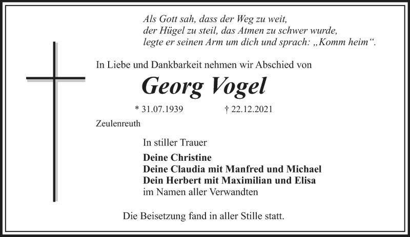  Traueranzeige für Georg Vogel vom 29.12.2021 aus Nordbayerischer Kurier