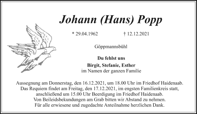  Traueranzeige für Johann Popp vom 15.12.2021 aus Nordbayerischer Kurier