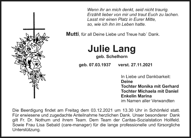  Traueranzeige für Julie Lang vom 01.12.2021 aus Nordbayerischer Kurier