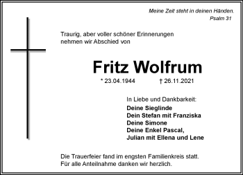 Anzeige von Fritz Wolfrum von Nordbayerischer Kurier