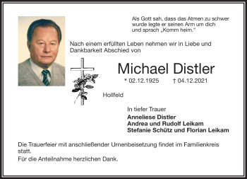 Anzeige von Michael Distler von Nordbayerischer Kurier