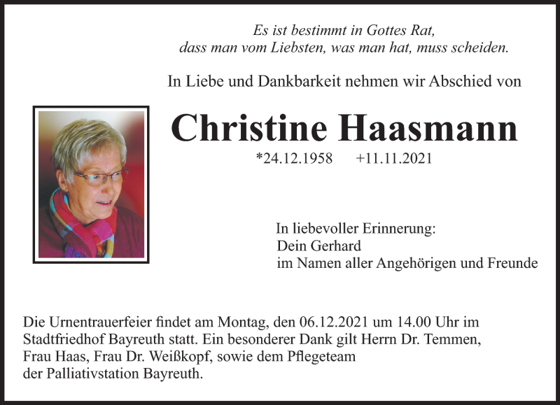  Traueranzeige für Christine Haasmann vom 03.12.2021 aus Nordbayerischer Kurier