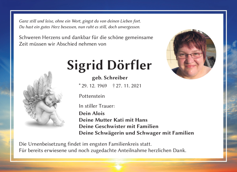  Traueranzeige für Sigrid Dörfler vom 01.12.2021 aus Nordbayerischer Kurier