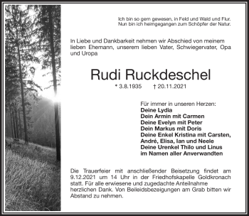 Traueranzeigen Von Rudi Ruckdeschel | Nordbayerischer Kurier