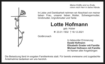 Anzeige von Lotte Hofmann von Nordbayerischer Kurier