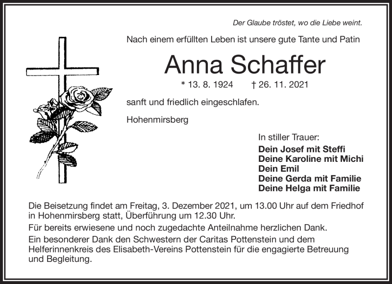  Traueranzeige für Anna Schaffer vom 01.12.2021 aus Nordbayerischer Kurier