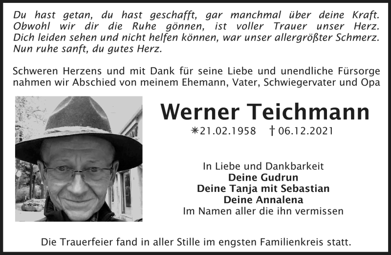  Traueranzeige für Werner Teichmann vom 27.12.2021 aus Nordbayerischer Kurier