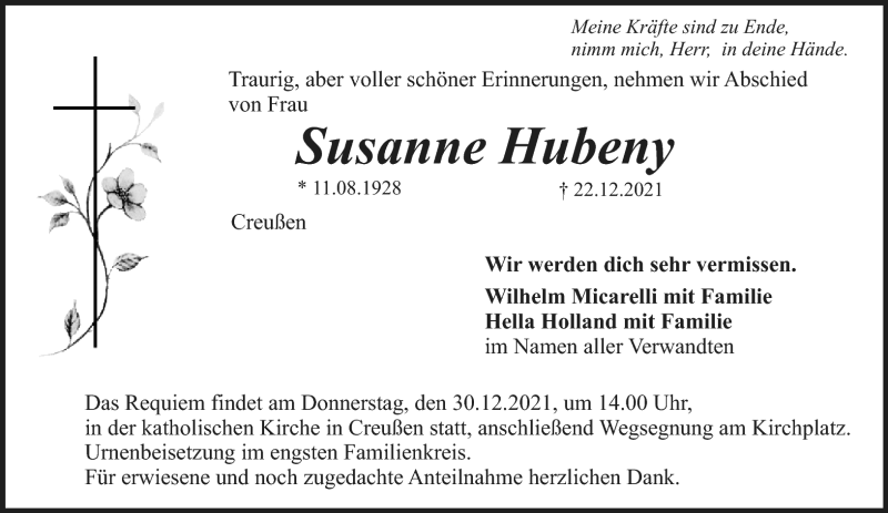  Traueranzeige für Susanne Hubeny vom 28.12.2021 aus Nordbayerischer Kurier