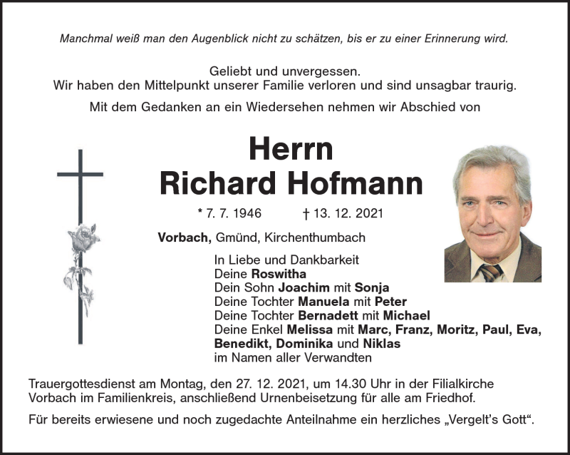  Traueranzeige für Richard Hofmann vom 24.12.2021 aus Nordbayerischer Kurier