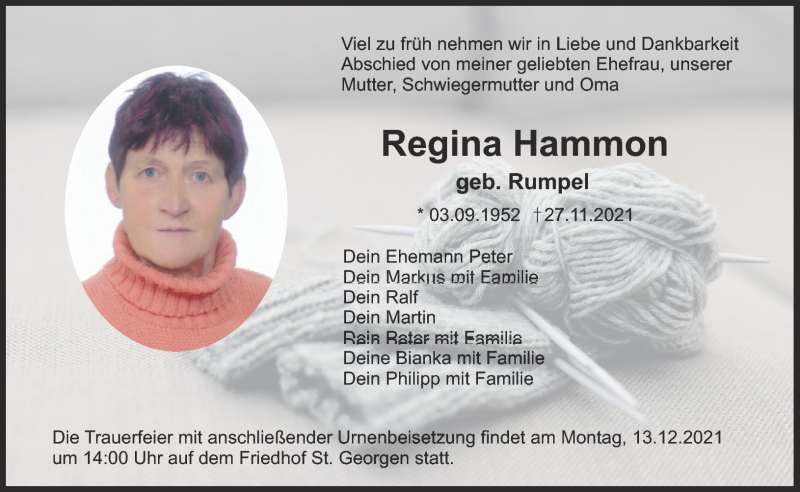  Traueranzeige für Regina Hammon vom 11.12.2021 aus Nordbayerischer Kurier