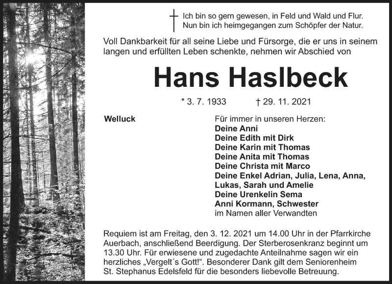  Traueranzeige für Hans Haslbeck vom 02.12.2021 aus Nordbayerischer Kurier