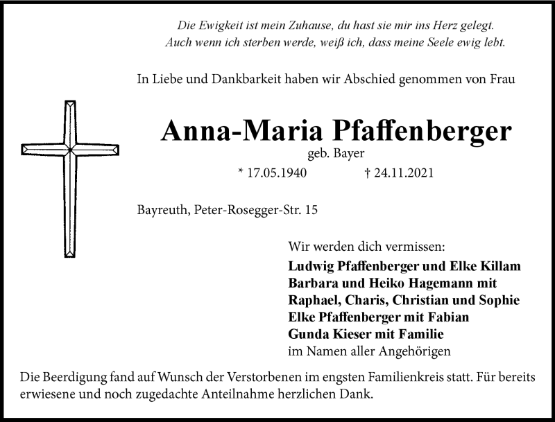  Traueranzeige für Anna Maria Pfaffenberger vom 09.12.2021 aus Nordbayerischer Kurier