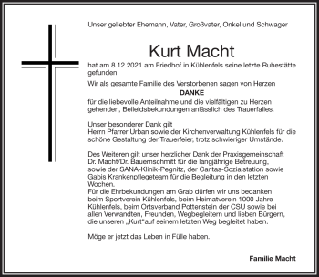 Anzeige von Kurt Macht von Nordbayerischer Kurier