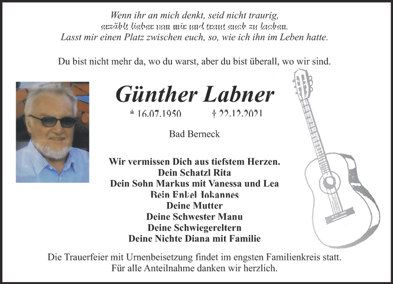 Traueranzeige für Günther Labner vom 28.12.2021 aus Nordbayerischer Kurier