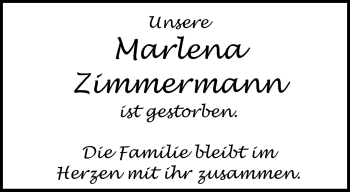 Anzeige von Marlena Zimmermann von Nordbayerischer Kurier