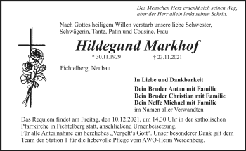 Anzeige von Hildegund Markhof von Nordbayerischer Kurier