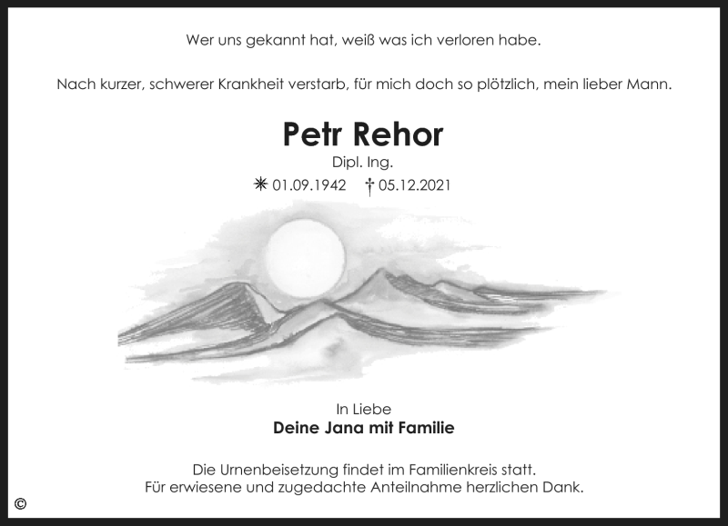  Traueranzeige für Petr Rehor vom 11.12.2021 aus Nordbayerischer Kurier