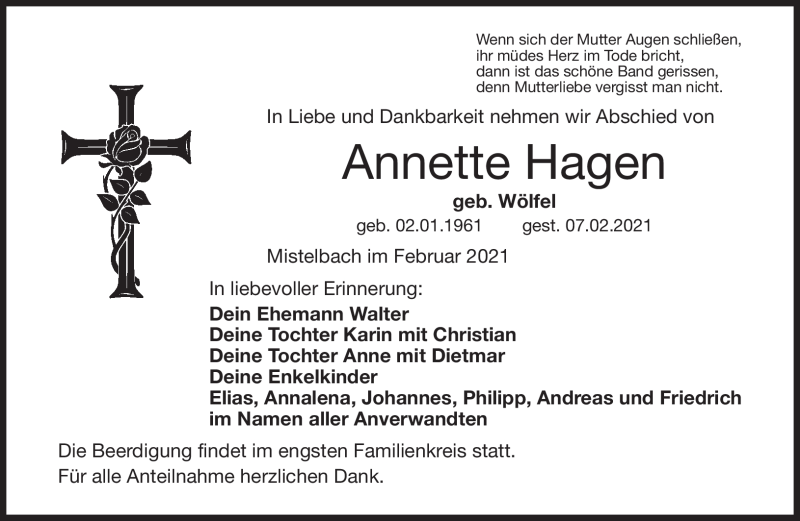  Traueranzeige für Annette Hagen vom 10.02.2021 aus Nordbayerischer Kurier