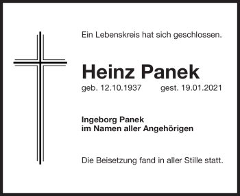 Anzeige von Heinz Panek von Nordbayerischer Kurier