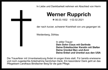 Anzeige von Werner Rupprich von Nordbayerischer Kurier