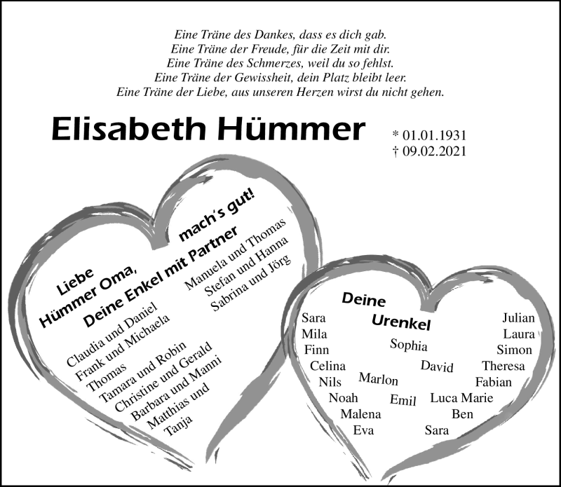  Traueranzeige für Elisabeth hümmer vom 13.02.2021 aus Nordbayerischer Kurier