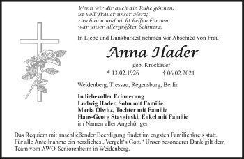 Anzeige von Anna Hader von Nordbayerischer Kurier