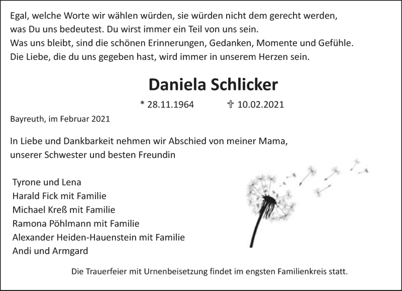  Traueranzeige für Daniela Schlicker vom 20.02.2021 aus Nordbayerischer Kurier